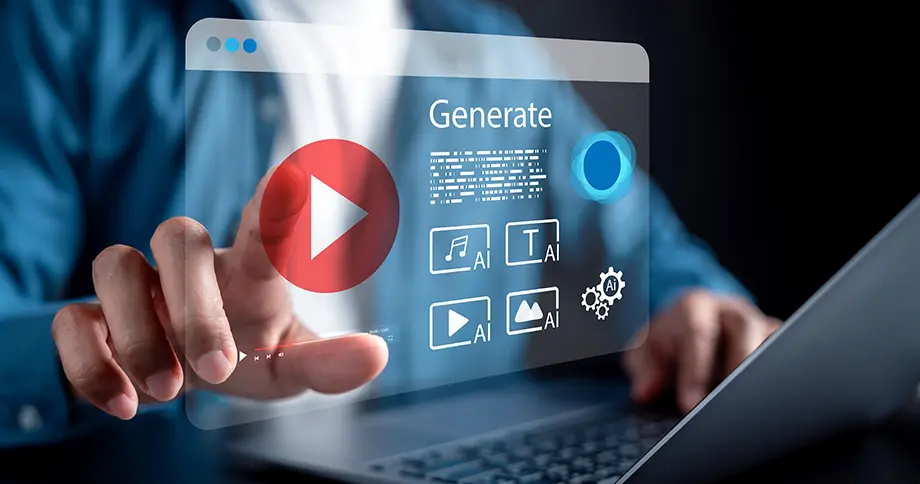 Finger drückt auf einem Hologramm auf den Play Button und symbolisiert damit die Videoerstellung per KI mit nur einem Click